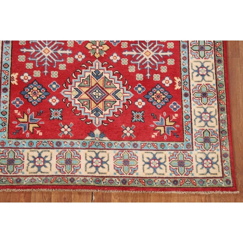 Geometric Red Kazak Oriental Area Rug Bedroom Hand-Knotted Wool Carpet - 3'11"x 6'0"