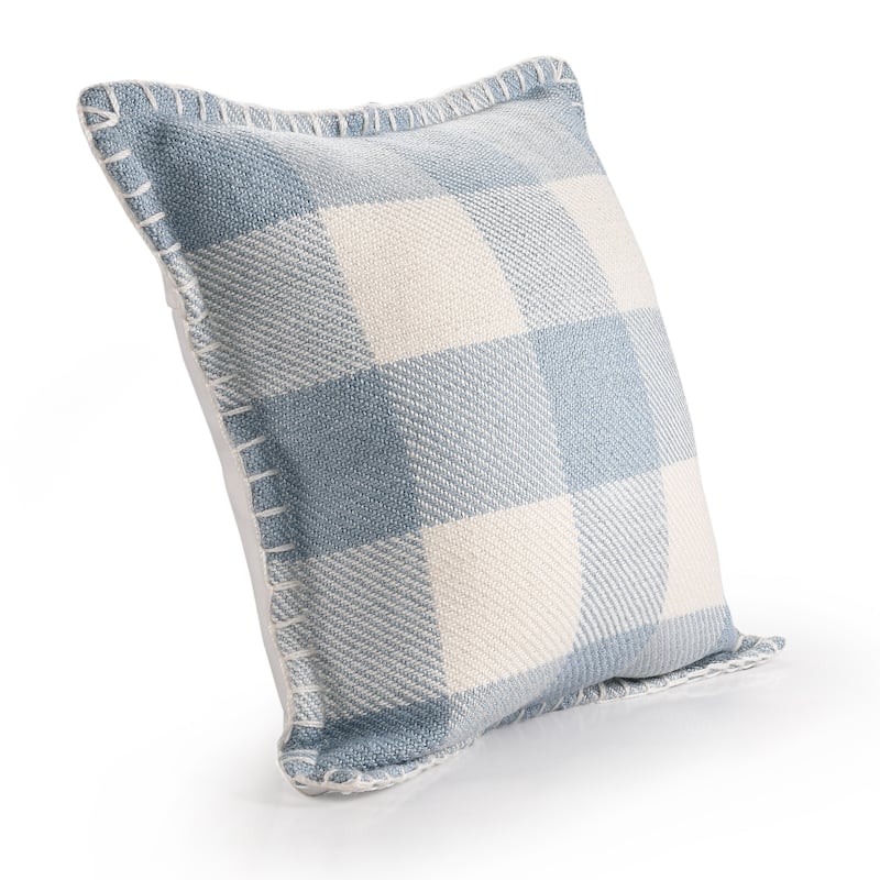 Sevita Hand-Woven Light Blue/Ivory Plaid Polyester Indoor/Outdoor Throw Pillow