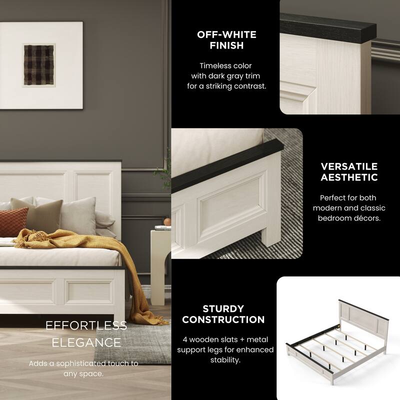 Roundhill Furniture Realynn 5-Piece Wood Bedroom Set, Panel Bed with Dresser, Mirror, Chest, and Nightstand, Off-White Finish