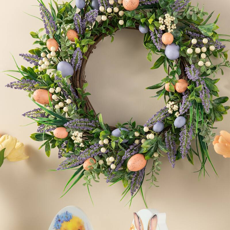 Glitzhome 22"D Artificial Easter Spring Eggs Berries Wreath for Front Door Wall Decor
