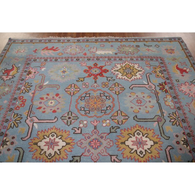 Transitional Blue Oushak Oriental Area Rug Handmade Floral Wool Carpet - 8'1"x 9'6"