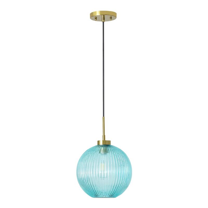 1-Light 9.8" W Mid-century Modern Metal Hanging Pendant Light with Blue Ribbed Glass Globe Shade for Kitchen Island, Dining Room