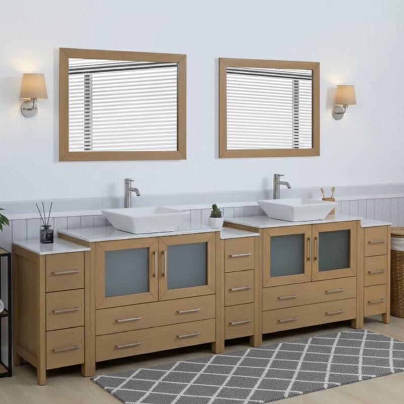 Vanity Art 108" Double Sink Bathroom Vanity Set with Engineered Marble Top and Free Mirrors