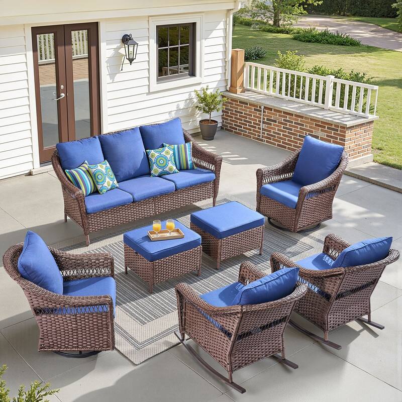 Pocassy 7 Piece Sofa Rocker Chair Glider Chair with Ottoman - Brown & Blue