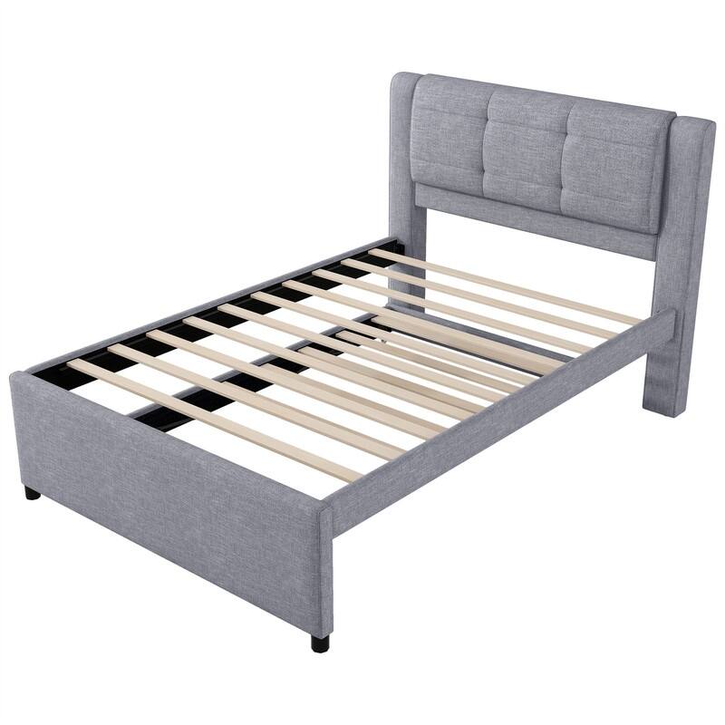 Full Size Upholstered Platform Bed with Pull-Out Trundle, Modern Bed Frame with Headboard, Trundle can be flat or erected