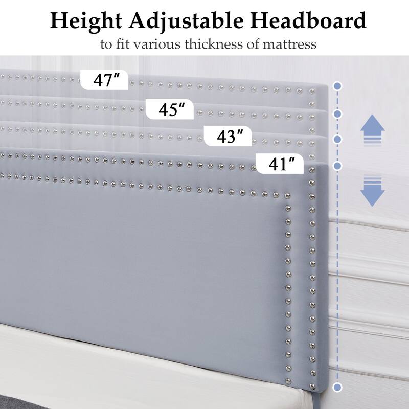 Upholstered Platform Bed Frame with Adjustable Headboard, Velvet Nailhead Trim, No Box Spring Needed