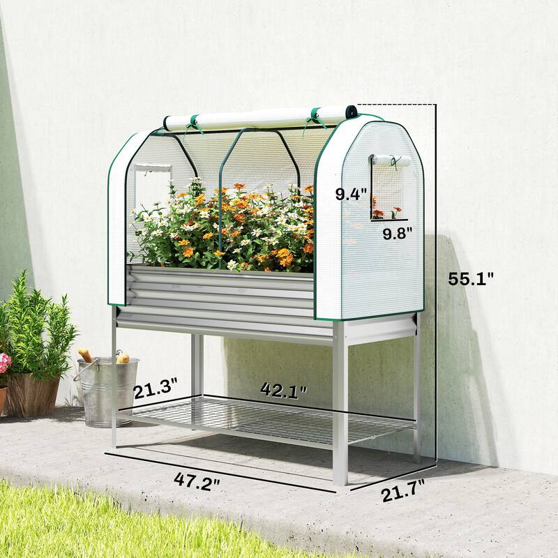 Outsunny Galvanised Raised Garden Bed with Greenhouse Cover, Metal Elevated Garden Bed with Legs, Bed Liner and Bottom Shelf