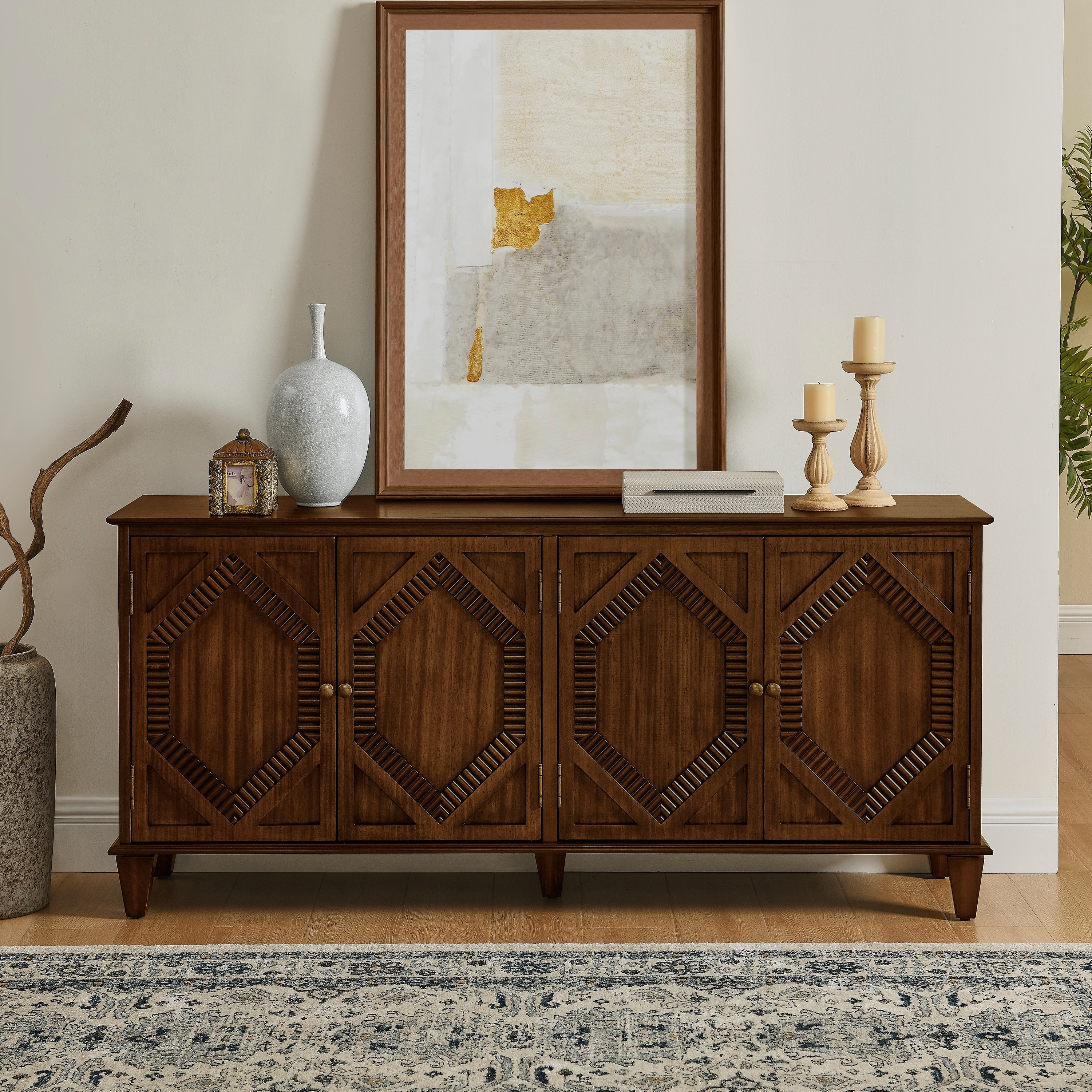 Classic 65.2" Sideboard Buffet Cabinet, Solid Wood Storage Entryway Console Table with Adjustable Shelves