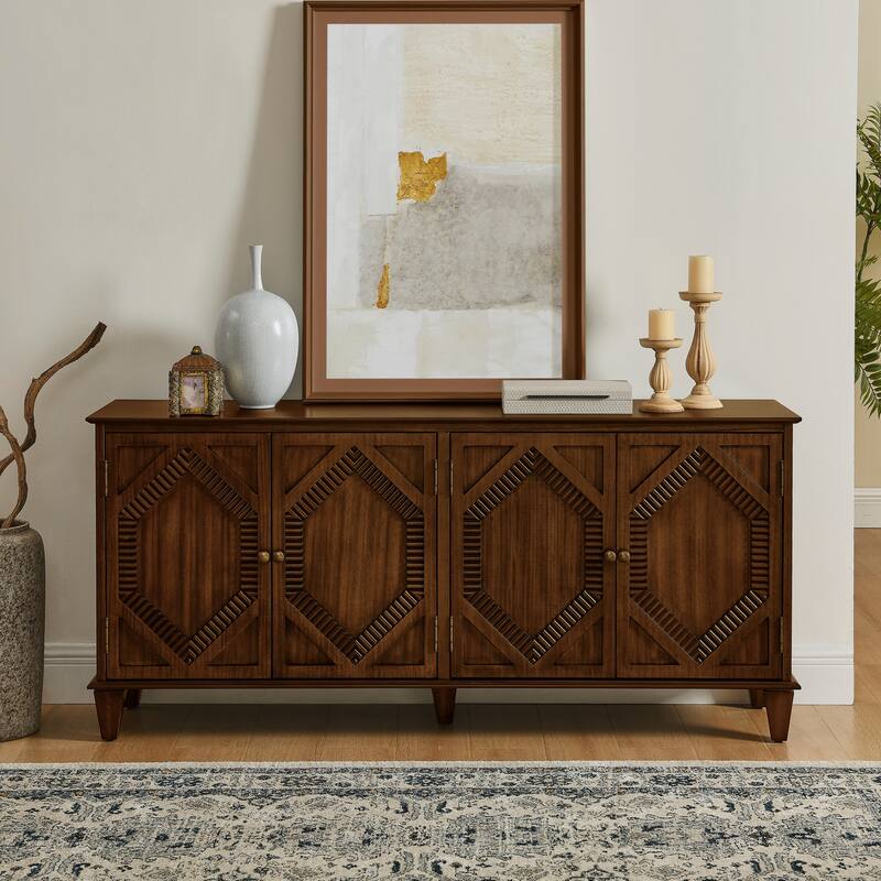 Roomfitters Sideboard Buffet Cabinet, Symmetrical Geometric Walnut Console Table, Large Storage for Living Room