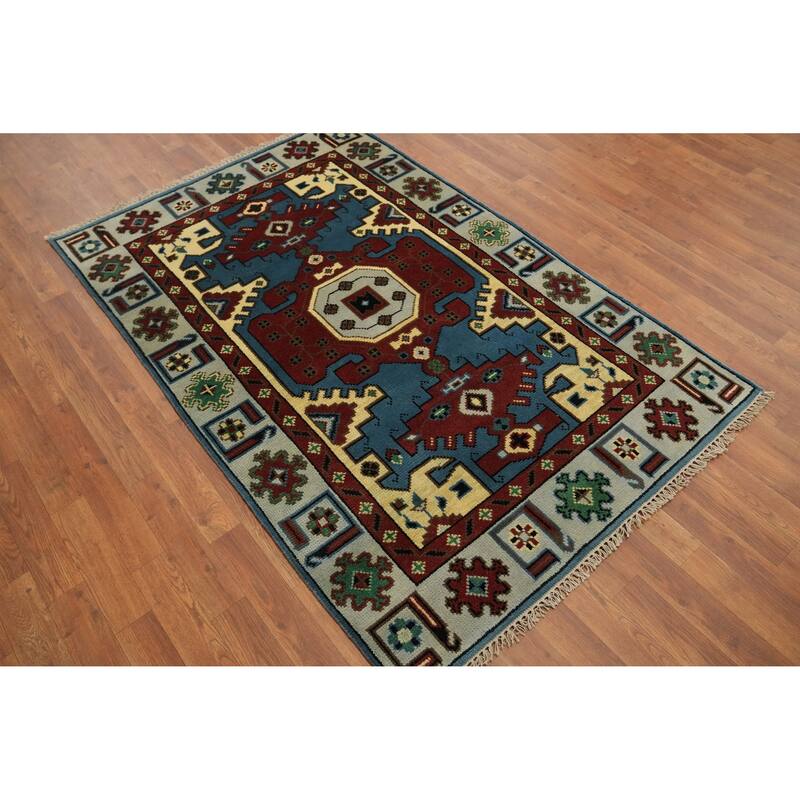 Hand-knotted Traditional Wool Blue Geometric Oriental Area Rug - 5' 11'' X 4' 0''