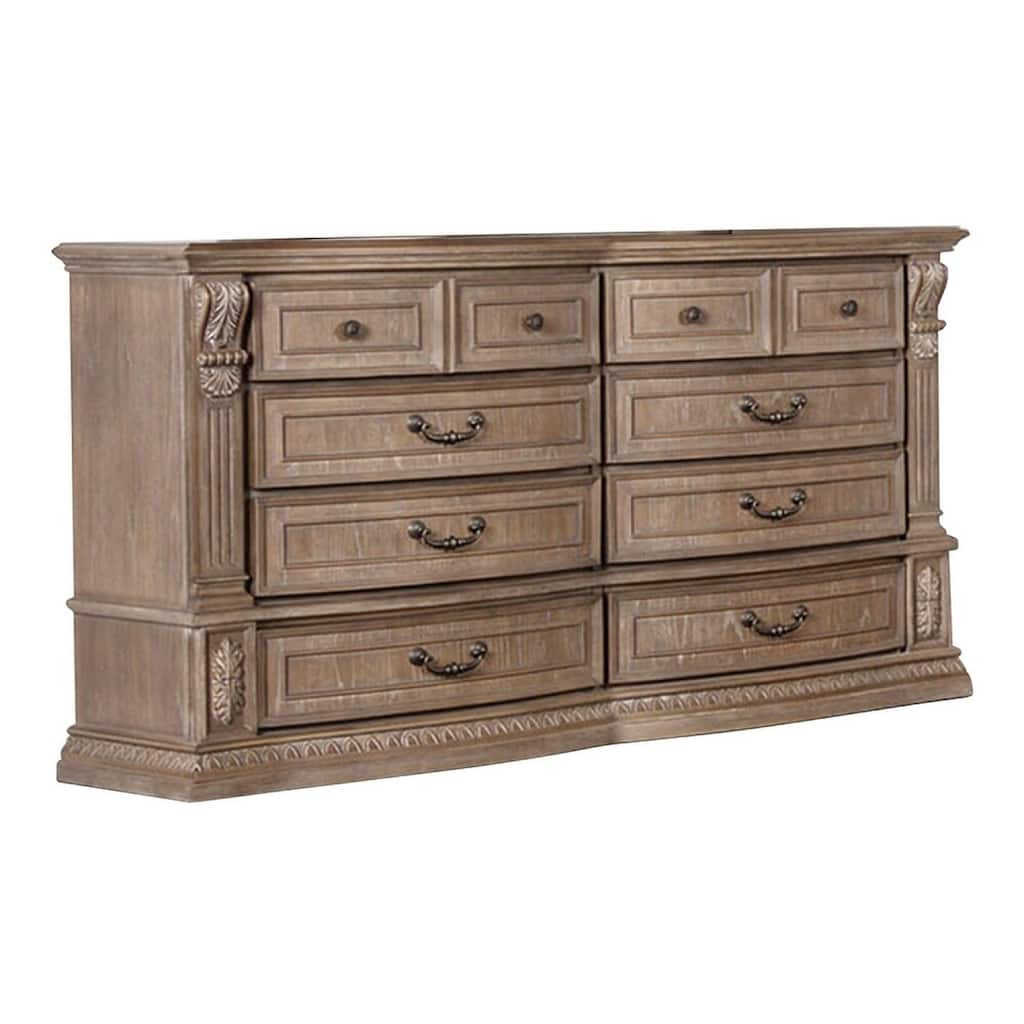 Reven 8 Drawer Wide Dresser, Weathered Oak Solid Wood, Carved Detailing