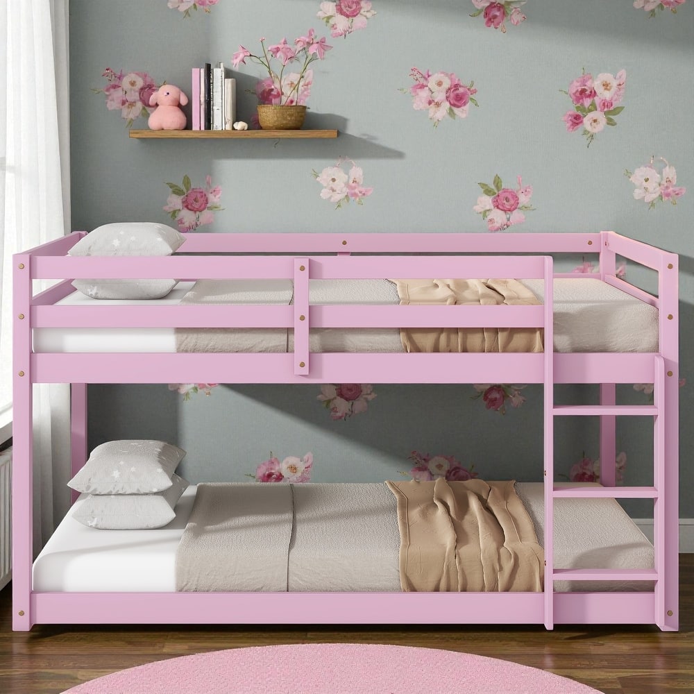 Solid Rubber Wood Twin Over Twin Floor Bunk Bed with Ladder, Low Height Design and Strengthened Slat Support