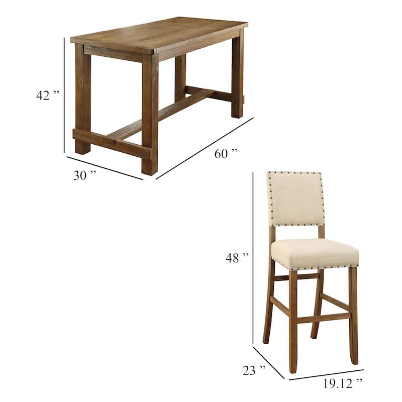 Bega 5pc Bar Height Table and Chair Set, Ivory Linen, Rustic Oak Wood