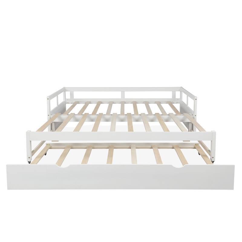 Space-Saving Daybed with Pull-out Trundle, Twin to King Platform Bed Design, Solid Pine Wood Frame with 3 Sided Guardrails