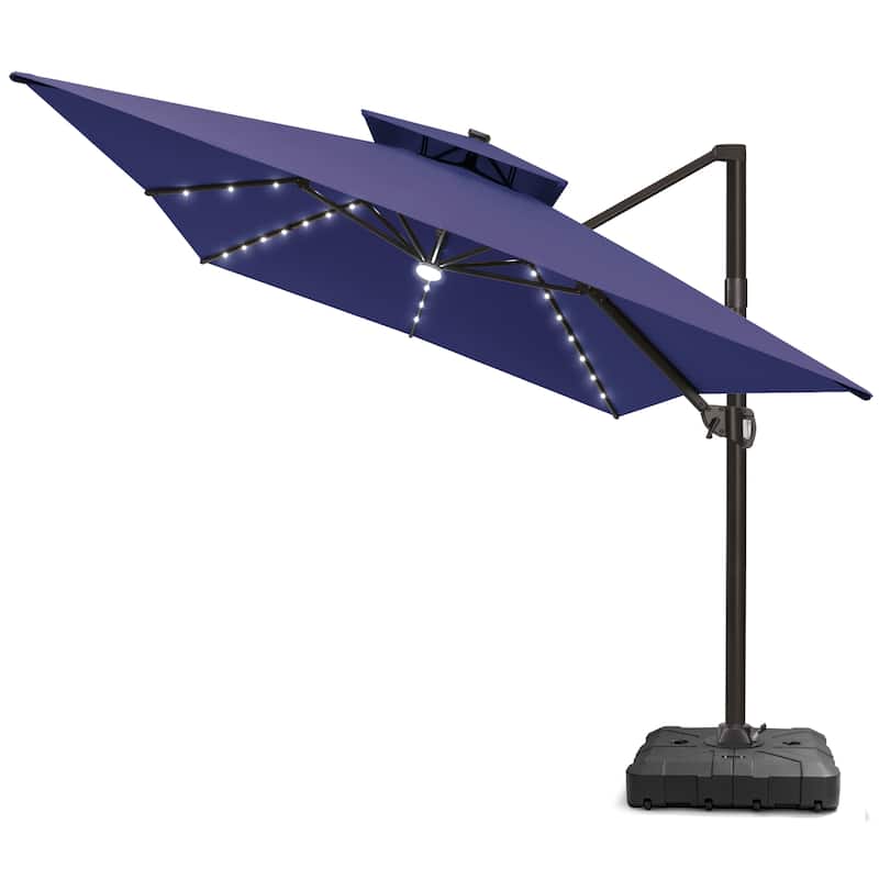 Pellebant Outdoor 10x13FT Patio Cantilever Umbrella Dual Top Lar Lighted with Wheel Base - NavyBlue