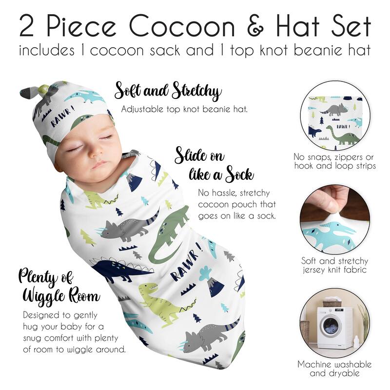 Mod Dino Collection Boy Baby Cocoon and Beanie Hat Sleep Sack - 2pc Set - Blue, Green and Grey Modern Dinosaur