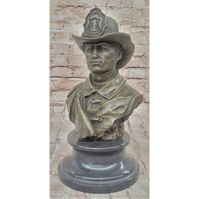 Firefighter Fireman Bronze Metal Bust Statue Sculpture Memorial On Marble Base