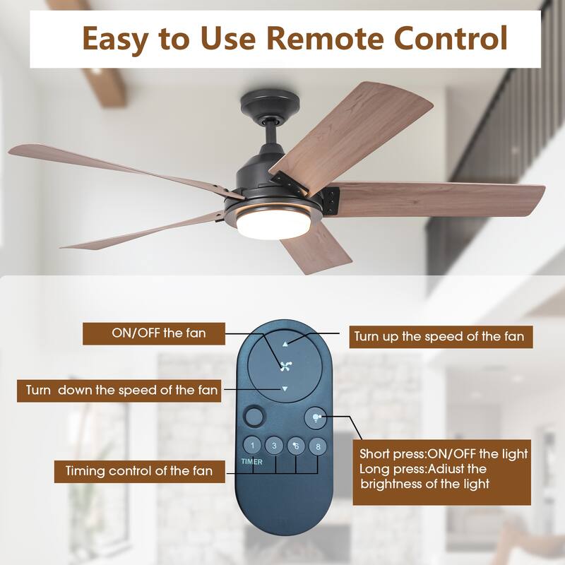 52" Farmhouse Integrated LED Black Dimmable Ceiling Fan with Light and Remote - 52" D x 52" W x 13.2" H