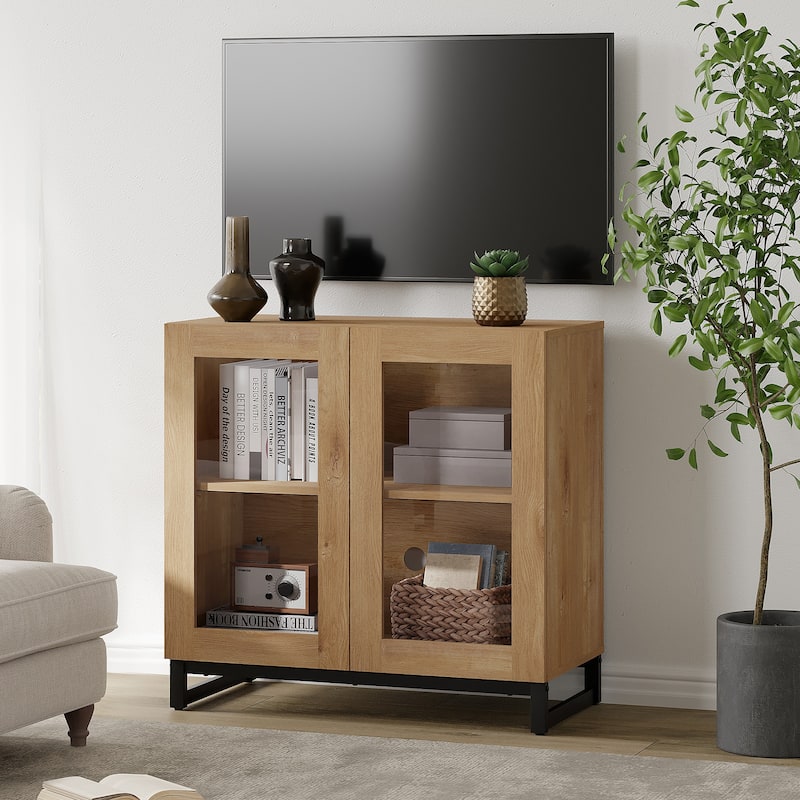 WAMPAT Modern TV Stand with Glass Doors for 110 inch TVs, Entertainment Center Console with Adjustable Shelves and Metal Base