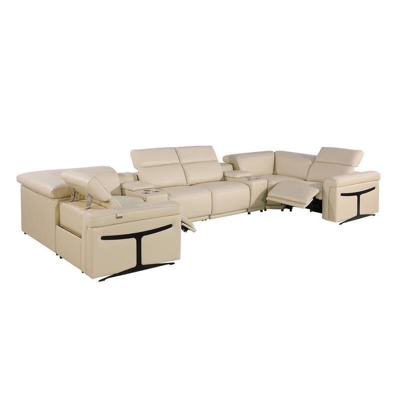 HomeRoots Beige Italian Leather Power Reclining U Shaped Eight Piece Corner Sectional With Console