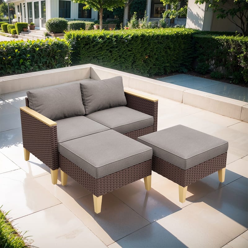 All-Weather Outdoor Loveseat Sofa Ottoman Set - Grey - Brown