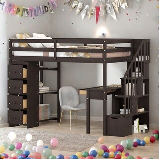 Twin Size Wooden Loft Bed With 4 Storage Drawers,Desk,Shelves and Stairs