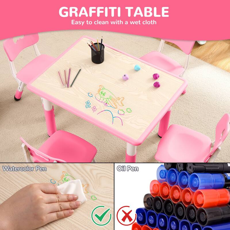 Kids Table and Chairs Set, Height Adjustable Desk With 4 Seats