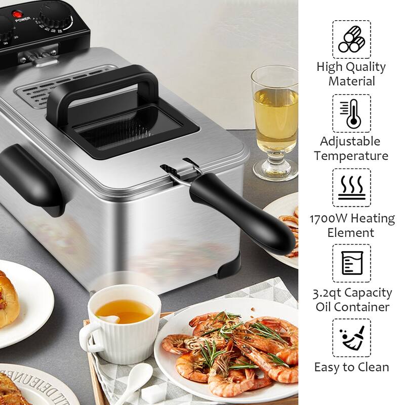 Costway Electric Deep Fryer 3.2/5.3 QT/12/21-Cup Stainless Steel 1700W