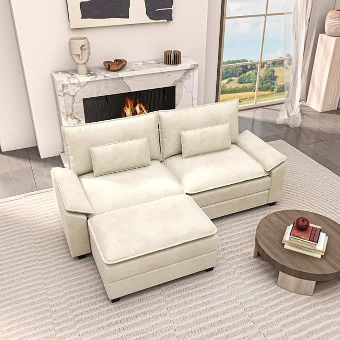 Kullavik Cloud Chenille L-Shaped Sofa, Modular Sectional Sofa with Ottoman, Throw Pillows and Double Layered Cushion