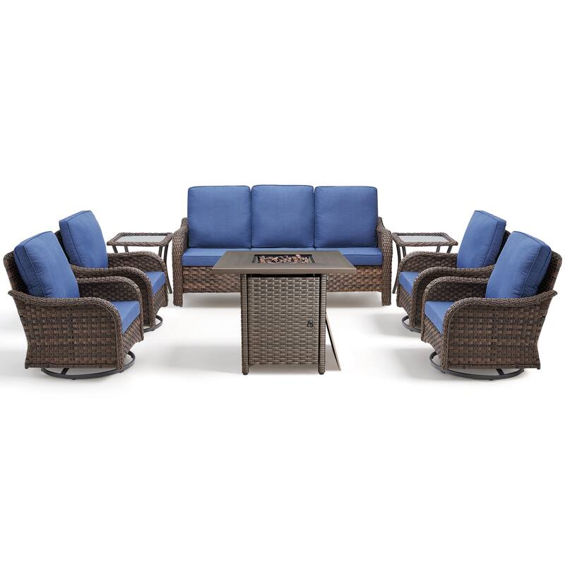 Pocassy Patio Funiture Sofa Swivel Chair Ottoman with Fire Table Set