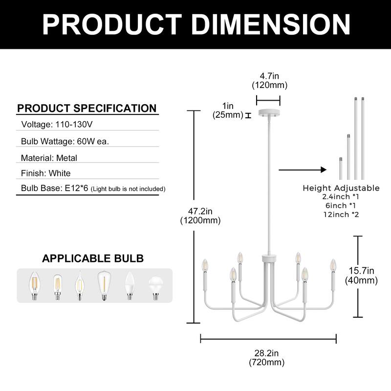 YANSUN 6-Light Straight Rod Candle Chandelier, 28-Inch, All-White Finish for Clean and Elegant Lighting - White - 28.2*28.2*15.7