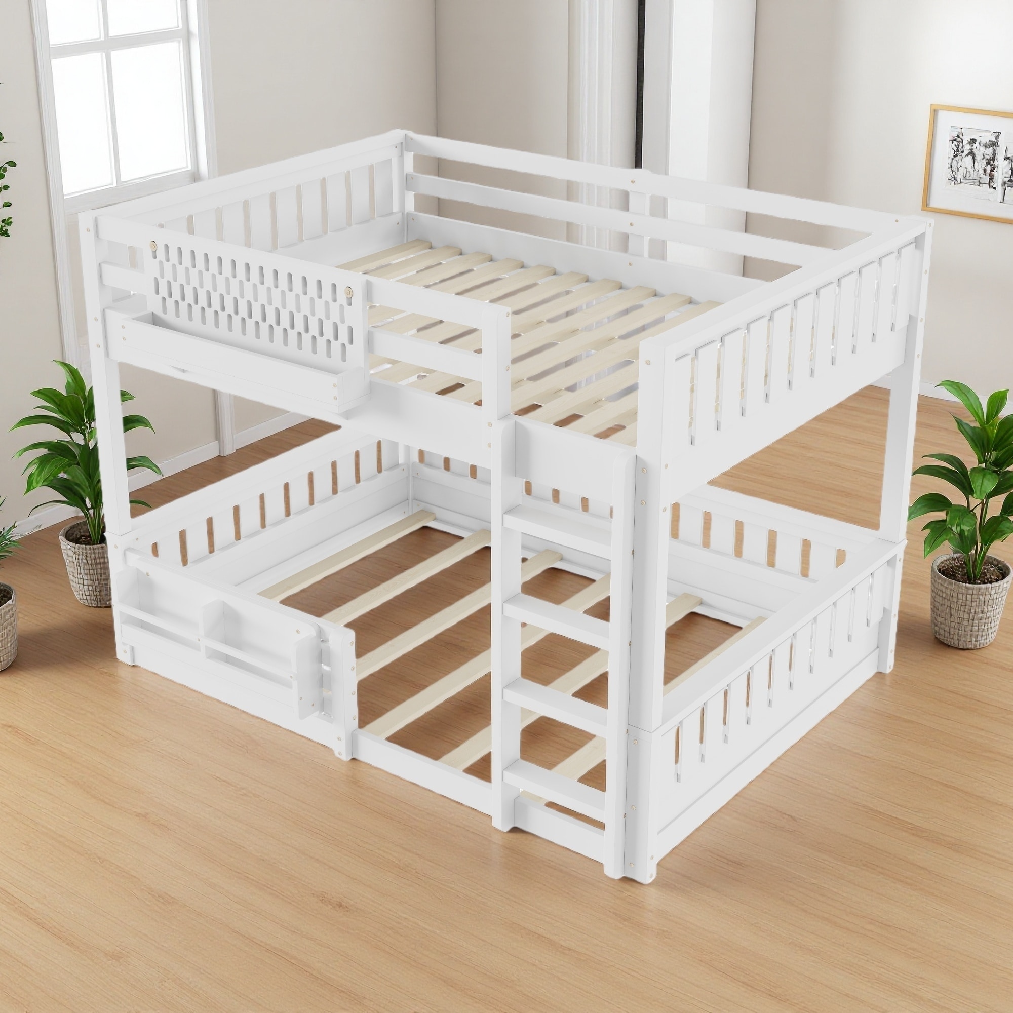 Queen Over Queen Wood Bunk Bed with Pegboard, Bookshelf and Ladder