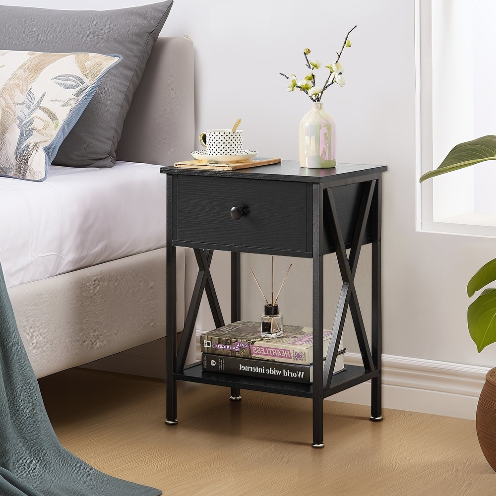 Javlergo X-Frame Nightstand with Drawer & Open Shelf MDF Multi-Functional End Table with Metal Feet for Bedroom & Living Room