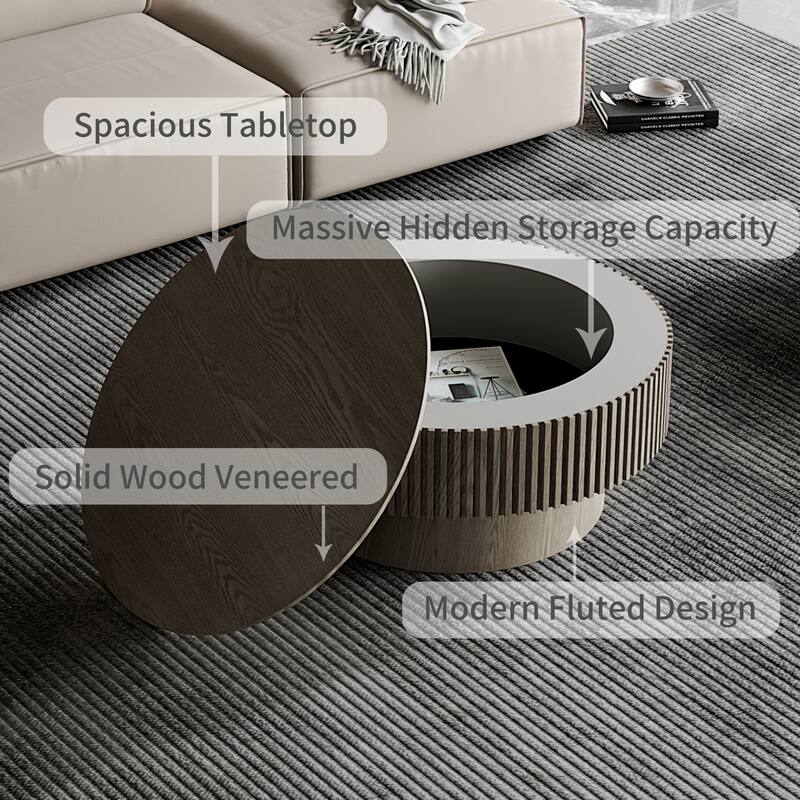 Modern 31.5" Round Coffee Table with Storage Solid Wood Veneer for Living Room and Bedroom Use