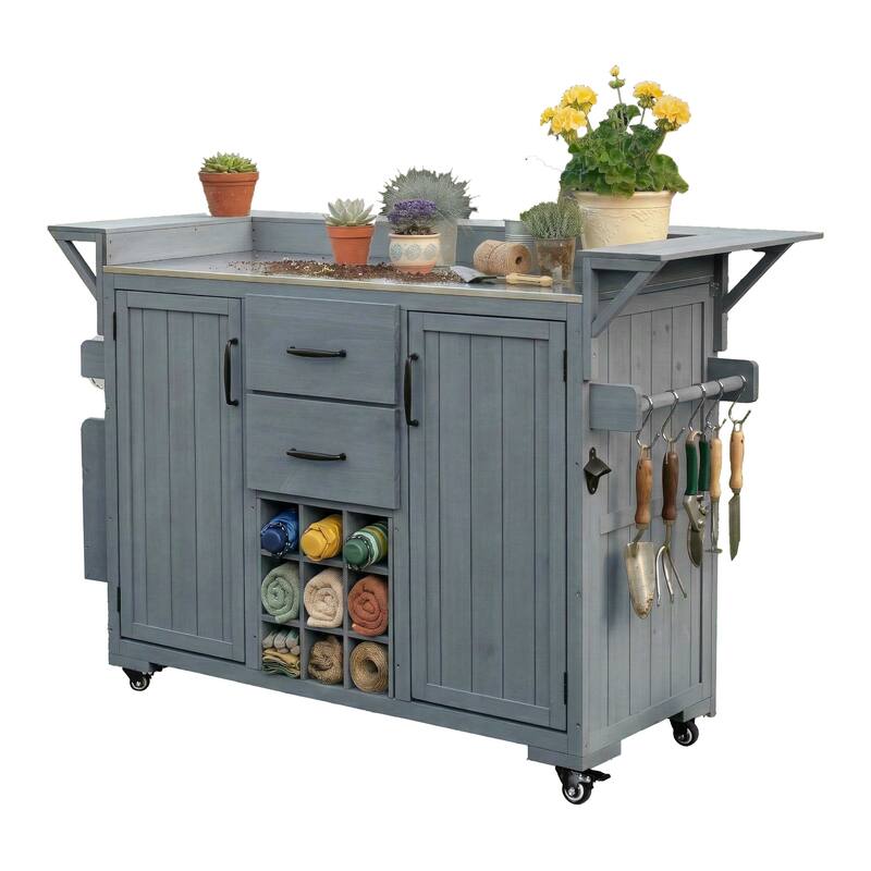 Roomfitters Outdoor Grill Cart and Kitchen Island, Stainless Steel Top, Portable Potting Bench with Storage, Wheels