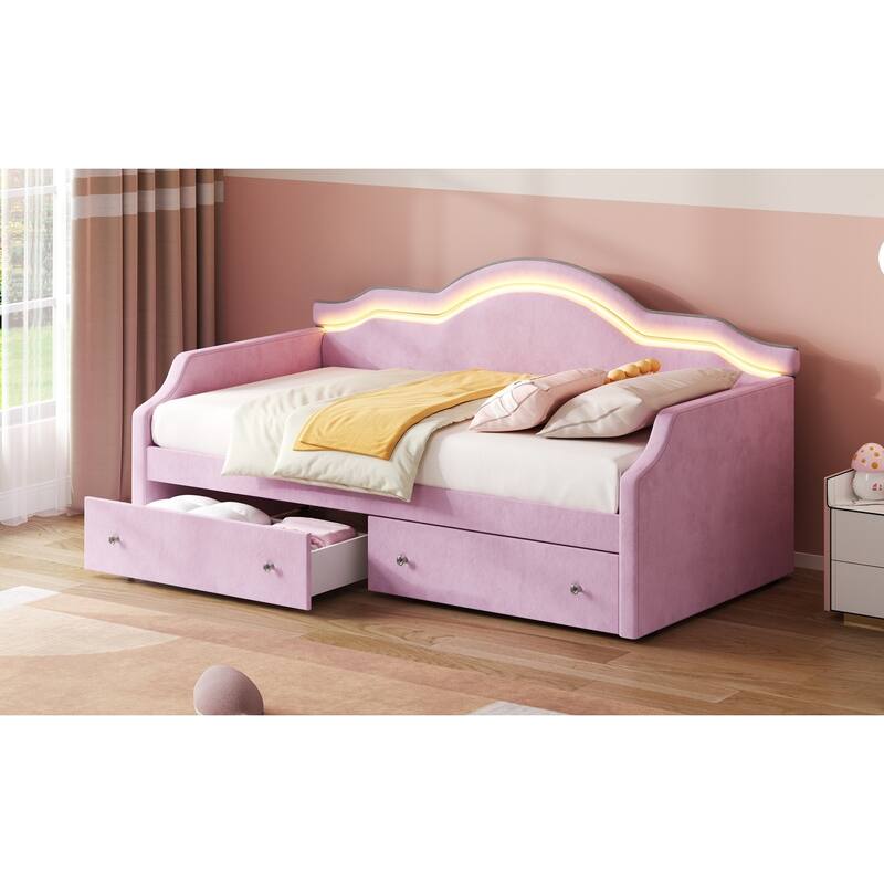 Upholstered Daybed with 2 Drawers, Wave Backrest Frame with Ambient Lighting, No Box Spring Needed Storage Sofa Bed