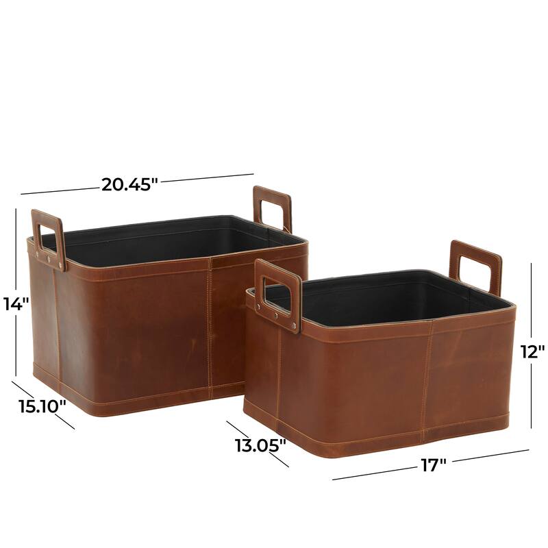 Sleek Leather Modern Storage Basket with Handles (Set of 2) - Dark Blue or Brown