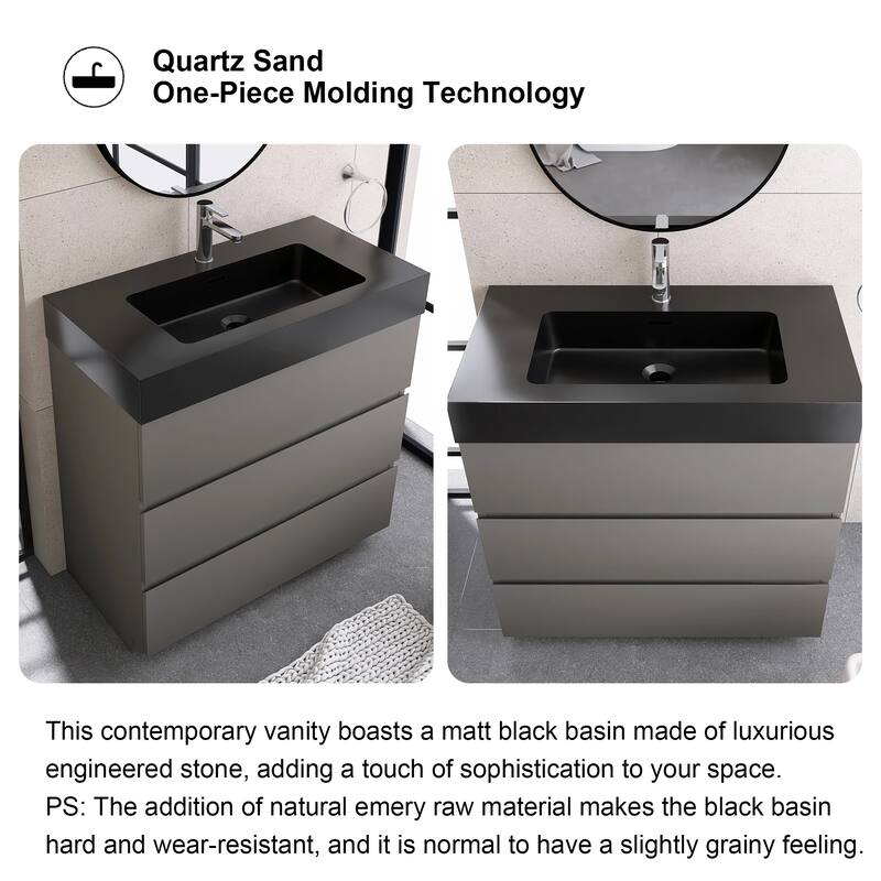 Freestanding Bathroom Vanity with Black Solid Surface Top