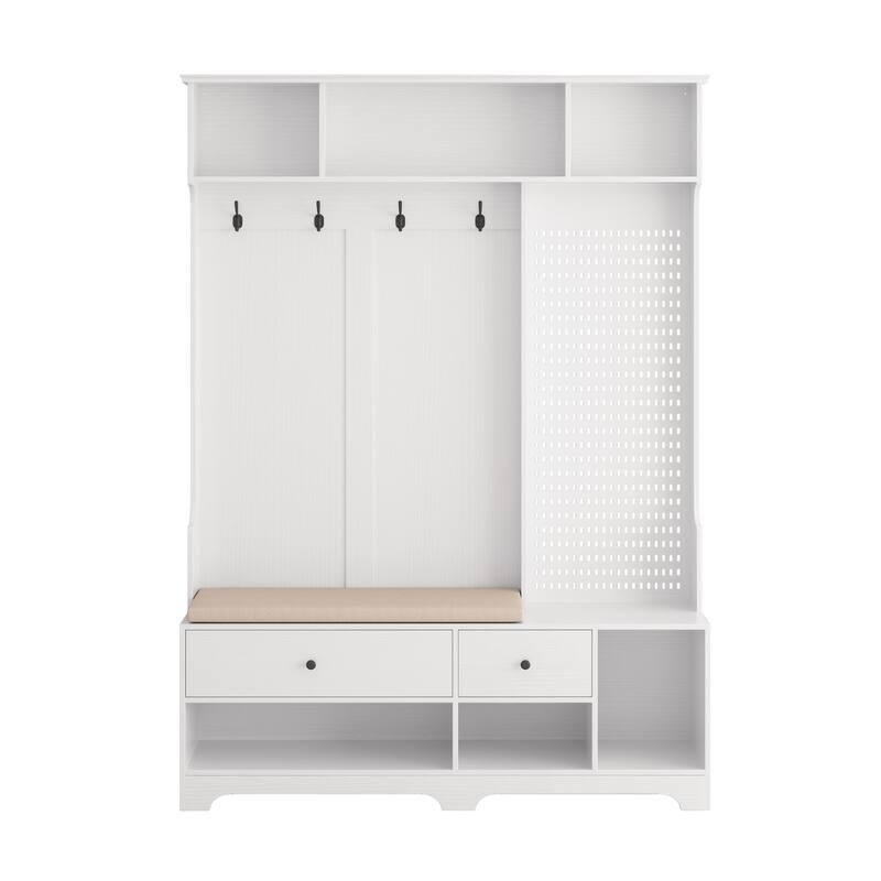 Multi-purpose Hallway Hall Tree with Removable Linen Cushioned Entryway Bench, Coat Rack, Storage Shelves, and DIY Pegboard