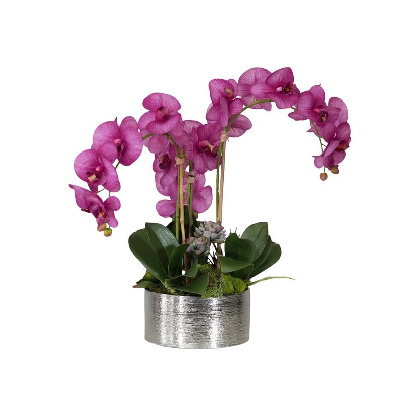 Real Touch Purple Orchid Flower Arrangement in Silver Bowl