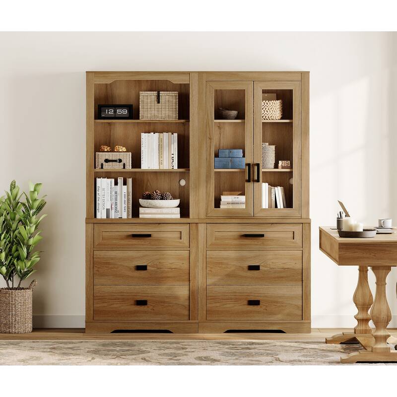 3 Tier Bookcase with Drawer,73.3" Tall Floor Standing Bookshelf - 63" - Walnut Oak