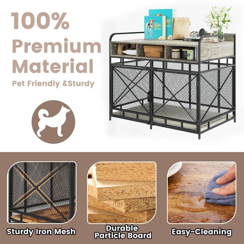 BOSSIN Large Dog Crate Furniture,Wooden Dog Kennel Table with Storage Drawers, Heavy Duty Metal Mesh,Decorative Pet House Indoor