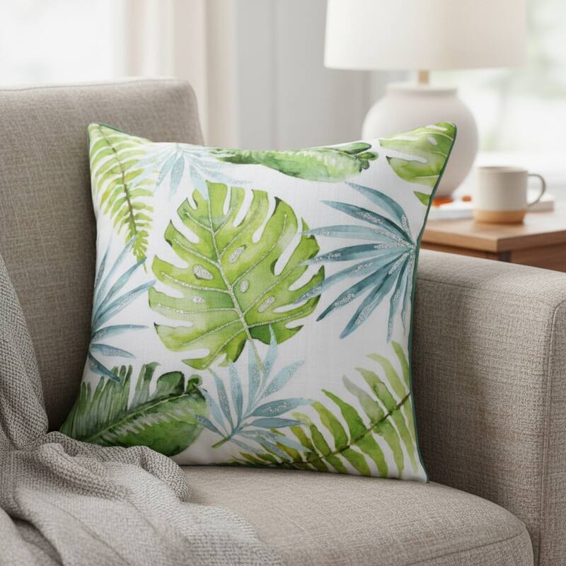 20" Green And Blue Floral Tropical Throw Pillow Cover - Cover Only - 20.00 in. x 20.00 in.  x 0.50 in. - Green/Blue - Pillow Covers