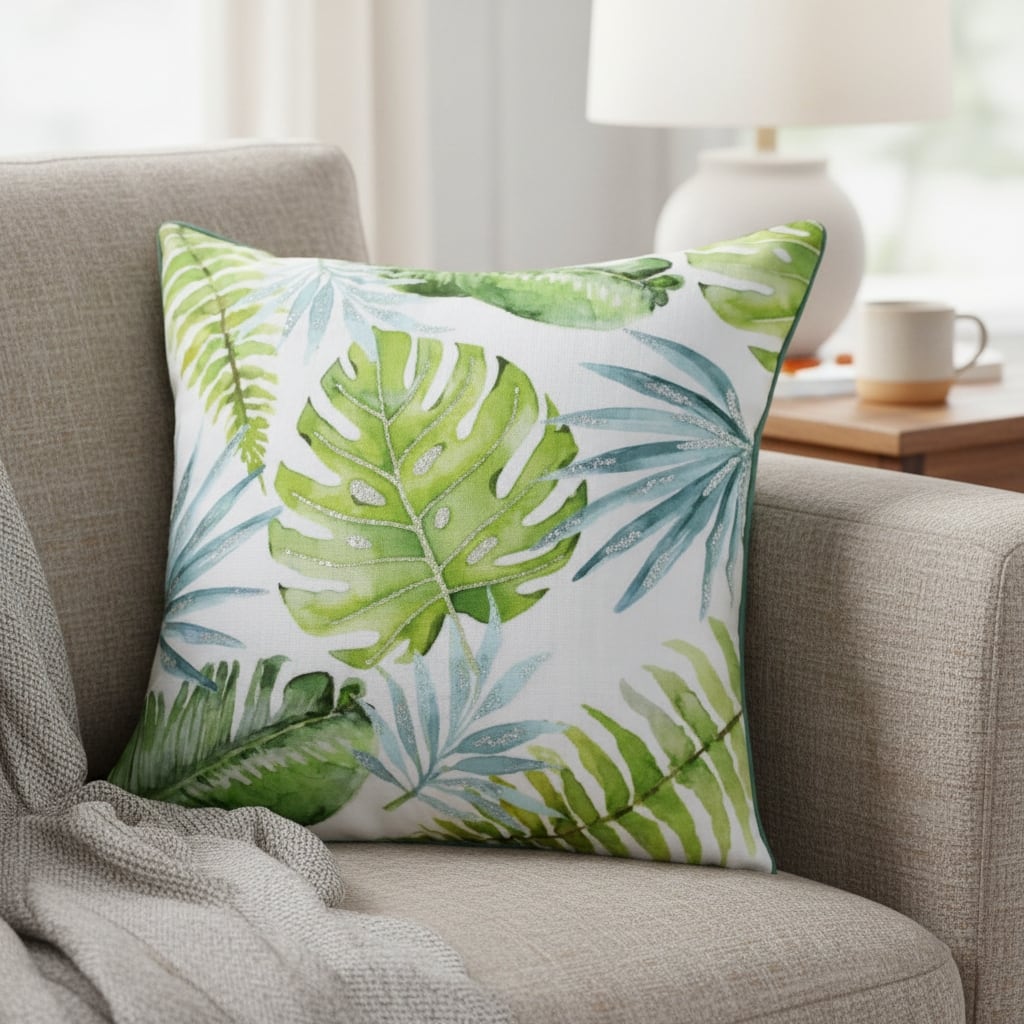 20" Green And Blue Floral Tropical Throw Pillow Cover