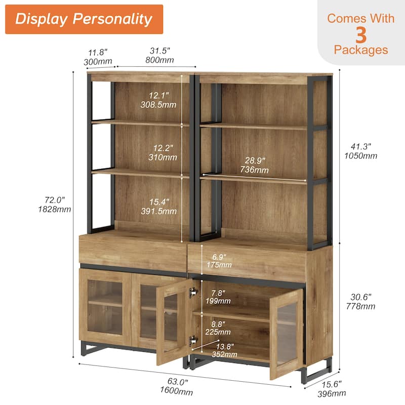 2 PCS Modern 72" Tall Buffet Cabinet with 2 Drawers and Open Shelves, Storage Cabinet for Dining Room or Kitchen