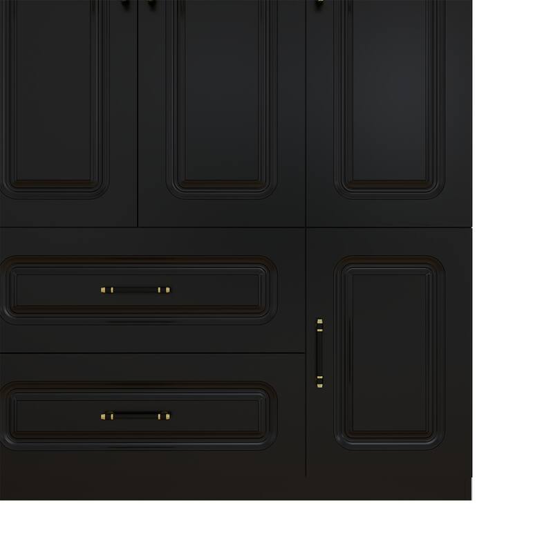 4 Door Armoire Wardrobe Closet with Drawer and Hanging Rod, Wooden Black Bedroom Armoire Closet, 70.87" H x 61.42" W x 20.47" D
