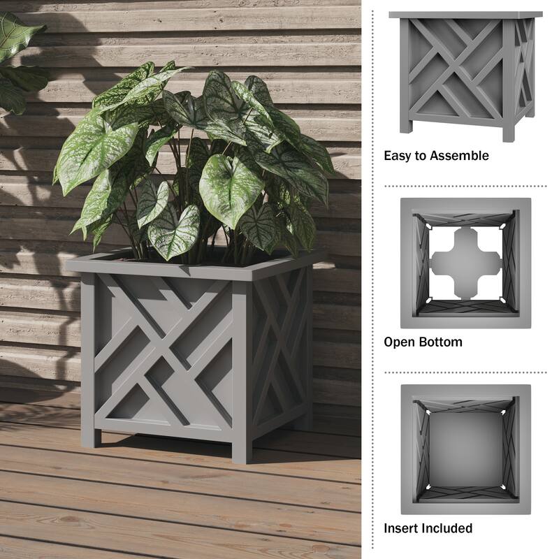 Lattice Design Planter Box - 15.5-Inch-Square Decorative Outdoor Flower or Plant Pot by Pure Garden (Gray)