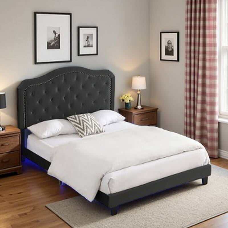 Queen Size Upholstered Platform Bed with Button Tufted Curved Design, LED Lights, and Strong Wood Slat Support - Black