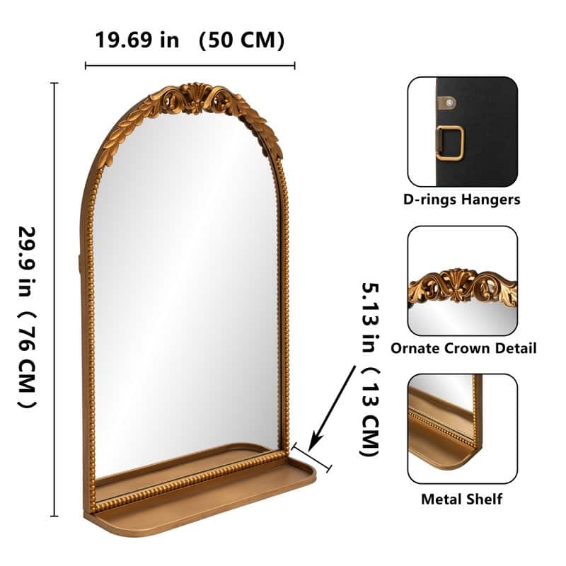 Ornate Arch Top Metal Framed Wall Mirror with Shelf