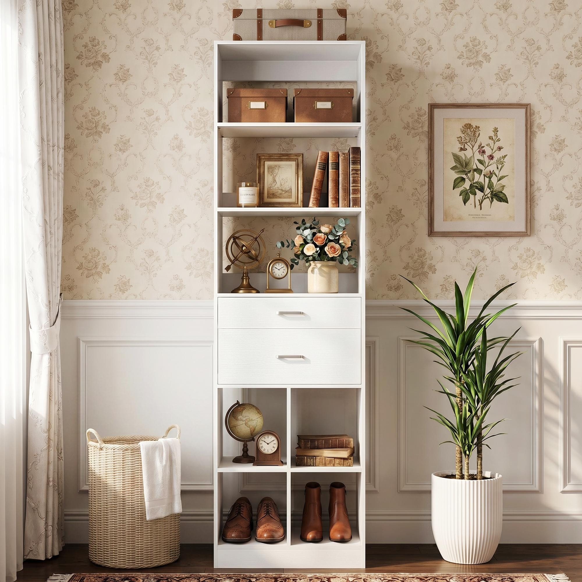 Muldo 80'' Tall Open Cubby Bookcase with 2 Wood Drawers, Display Bookshelves Storage Cabinet - 18.9''